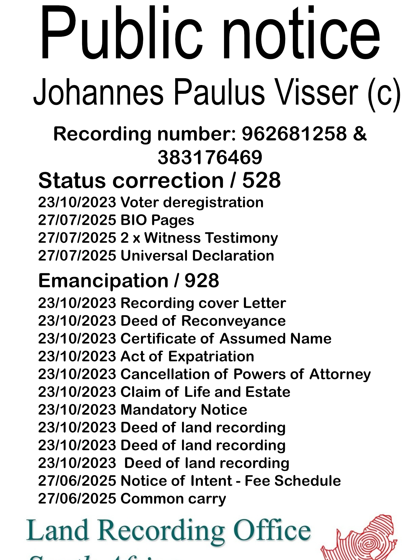 Public notice  Johannes Paulus Visser (c) Recording number 962681258 & 383176469